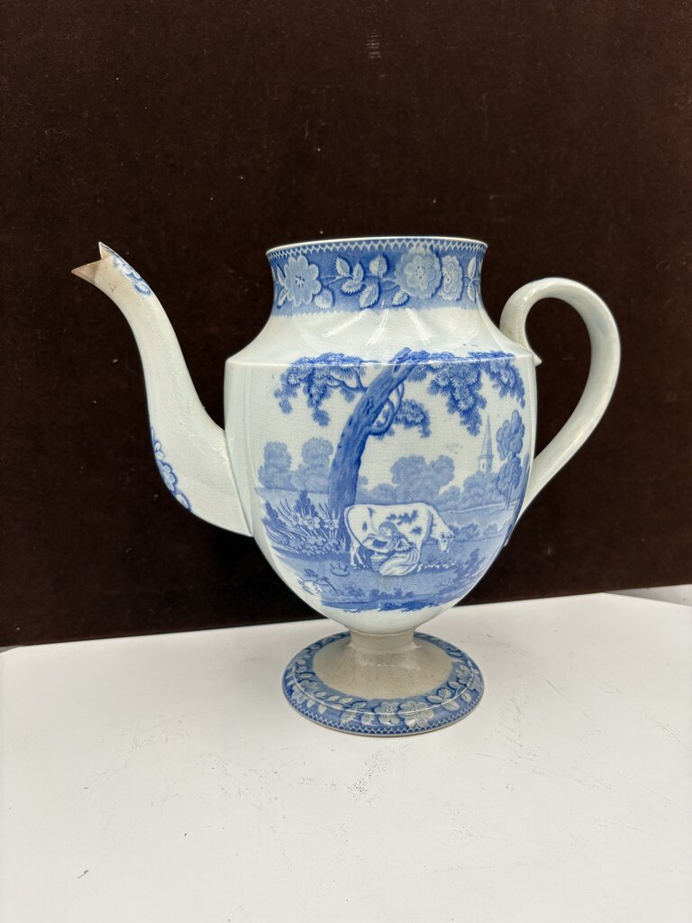 Early 19th C. Staffordshire Blue White Pastoral Scene Coffee Pot