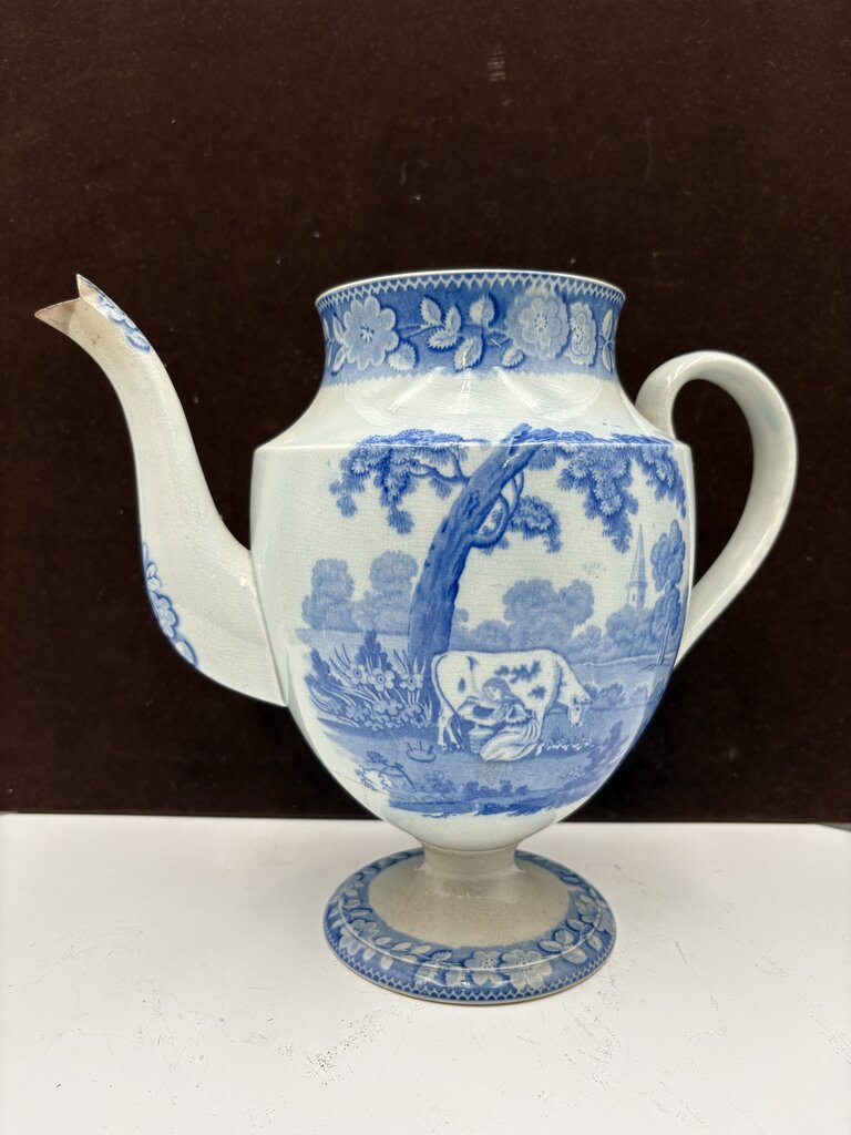 Early 19th C. Staffordshire Blue White Pastoral Scene Coffee Pot