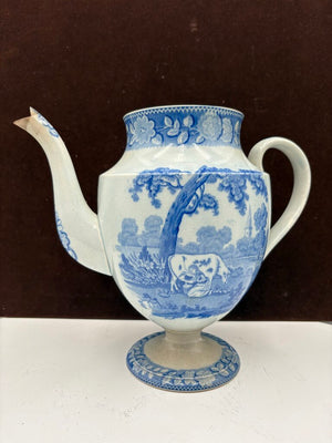 Early 19th C. Staffordshire Blue White Pastoral Scene Coffee Pot