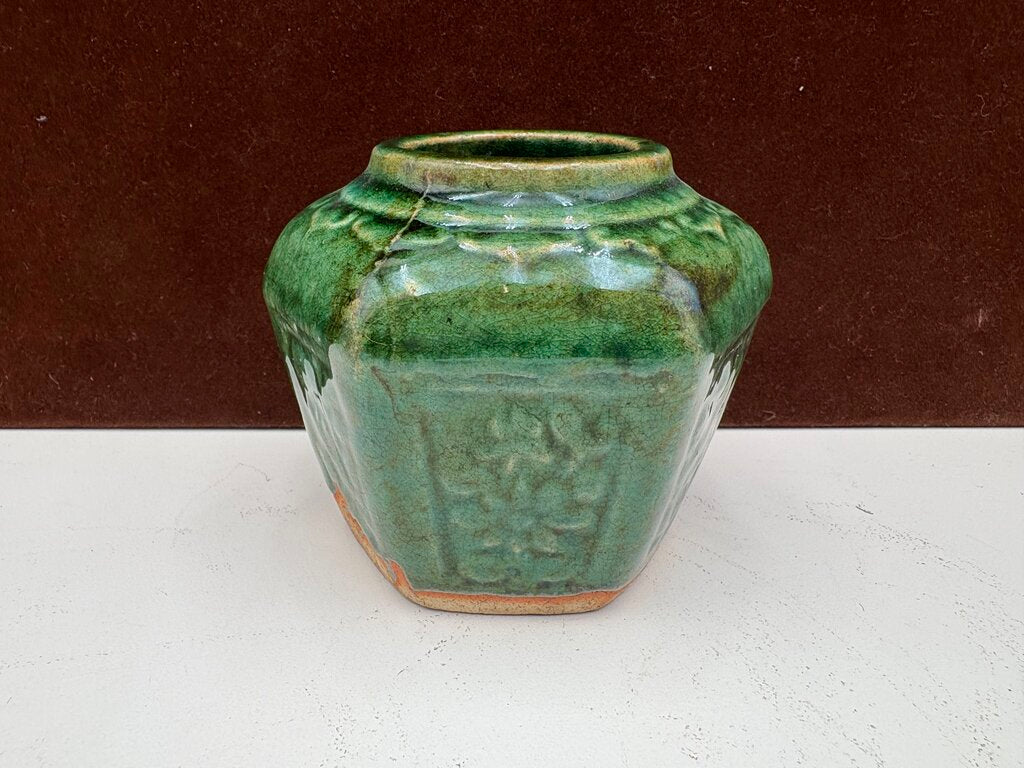 Mid 19th C. Chinese Shiwan Hexagonal Jade Green Glazed Pottery Spice Jar