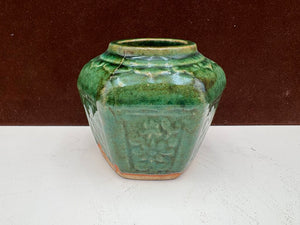 Mid 19th C. Chinese Shiwan Hexagonal Jade Green Glazed Pottery Spice Jar