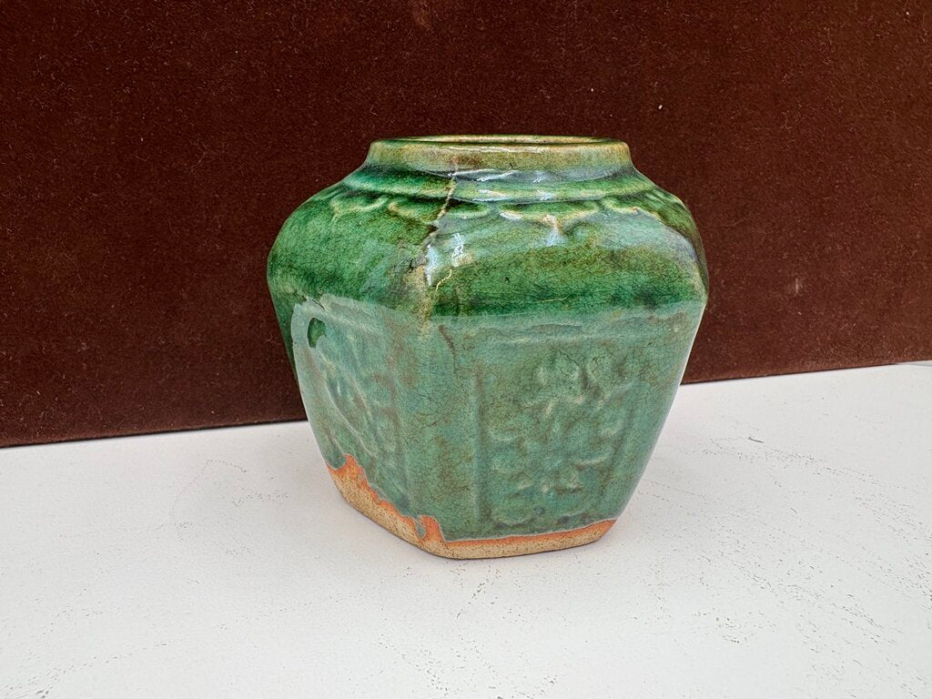 Mid 19th C. Chinese Shiwan Hexagonal Jade Green Glazed Pottery Spice Jar