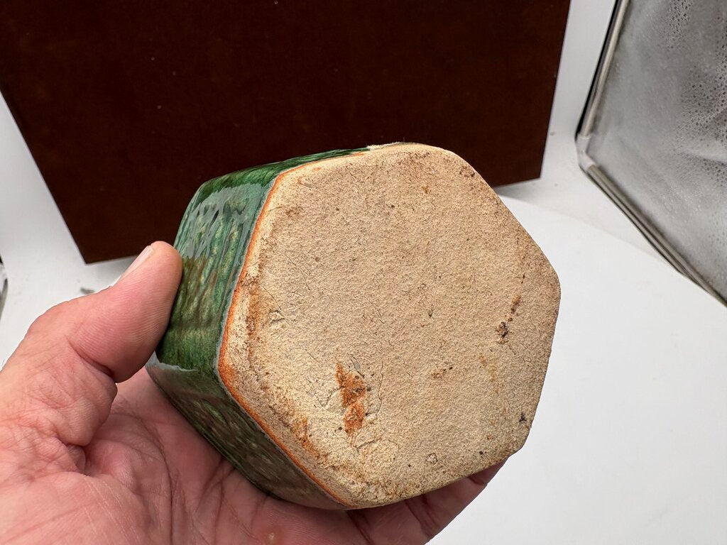 Mid 19th C. Chinese Shiwan Hexagonal Jade Green Glazed Pottery Spice Jar