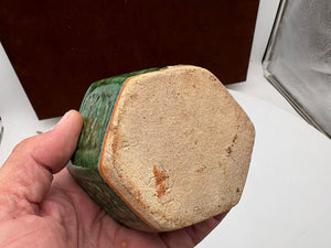 Mid 19th C. Chinese Shiwan Hexagonal Jade Green Glazed Pottery Spice Jar