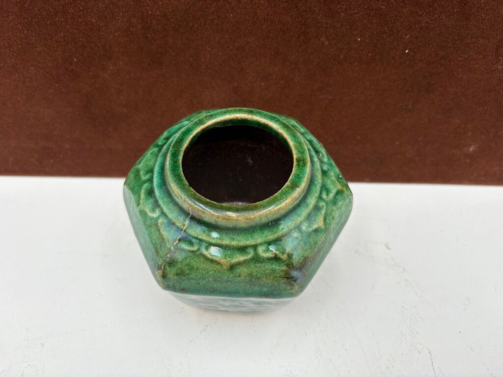 Mid 19th C. Chinese Shiwan Hexagonal Jade Green Glazed Pottery Spice Jar