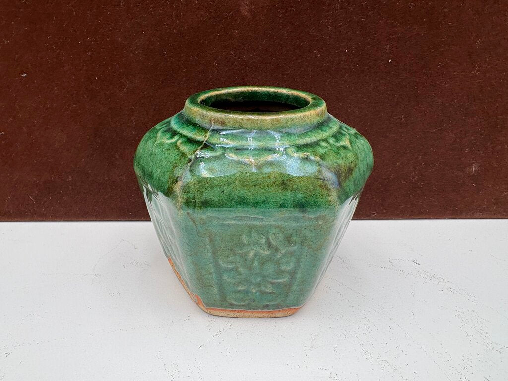 Mid 19th C. Chinese Shiwan Hexagonal Jade Green Glazed Pottery Spice Jar