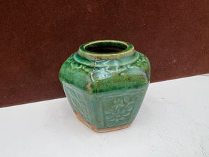 Mid 19th C. Chinese Shiwan Hexagonal Jade Green Glazed Pottery Spice Jar