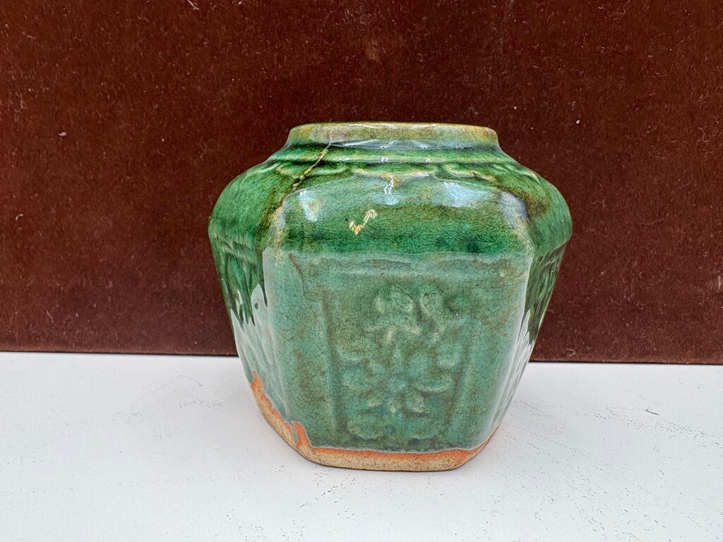 Mid 19th C. Chinese Shiwan Hexagonal Jade Green Glazed Pottery Spice Jar
