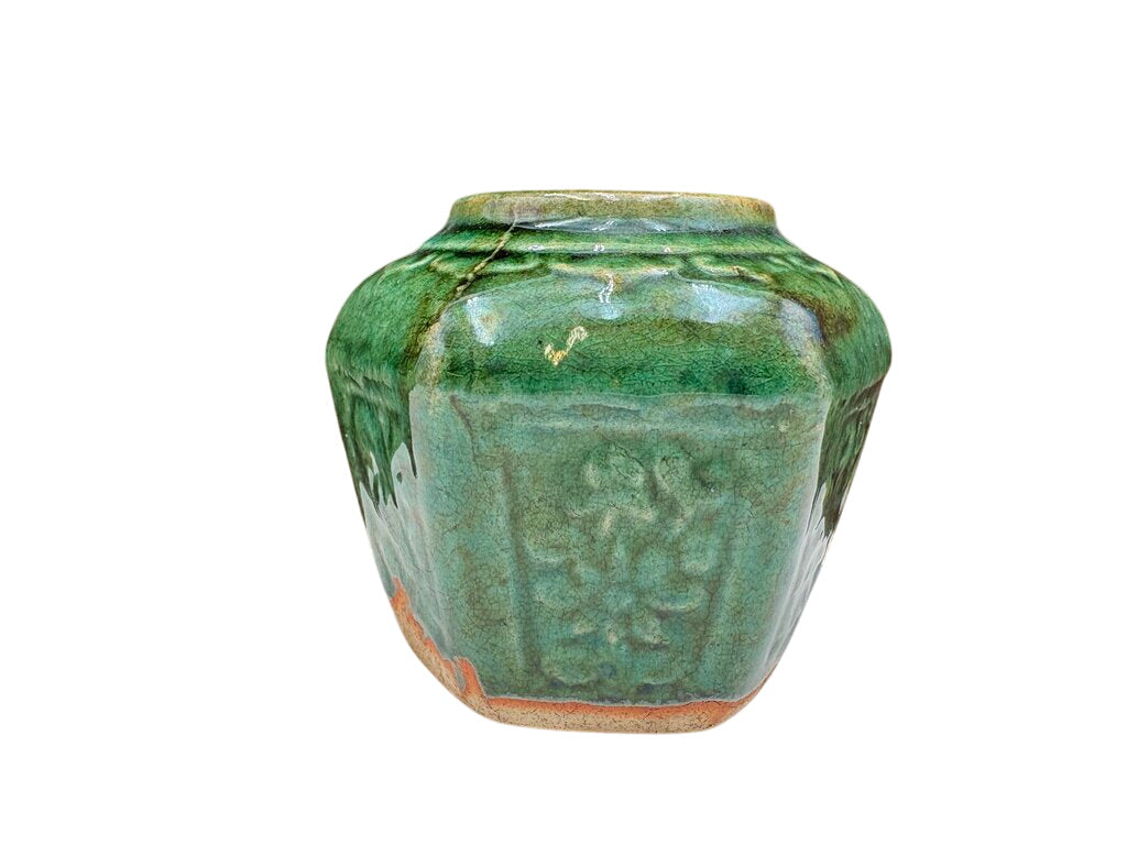 Mid 19th C. Chinese Shiwan Hexagonal Jade Green Glazed Pottery Spice Jar by Miss Daisy's Consignment & Auction House