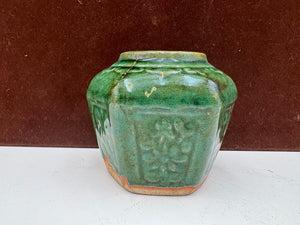 Mid 19th C. Chinese Shiwan Hexagonal Jade Green Glazed Pottery Spice Jar