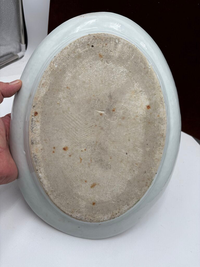 Mid 19th C. Chinese Export Rose Medallion Hand Painted Figural Porcelain Oval Platter