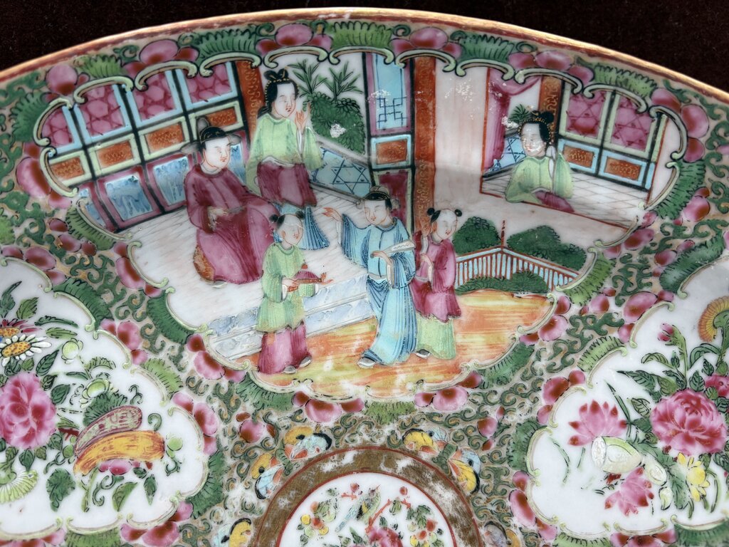 Mid 19th C. Chinese Export Rose Medallion Hand Painted Figural Porcelain Oval Platter