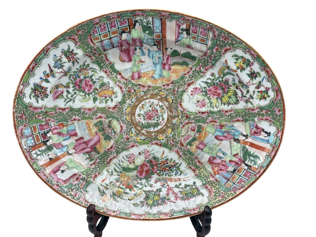 Mid 19th C. Chinese Export Rose Medallion Hand Painted Figural Porcelain Oval Platter by Miss Daisy's Consignment & Auction House