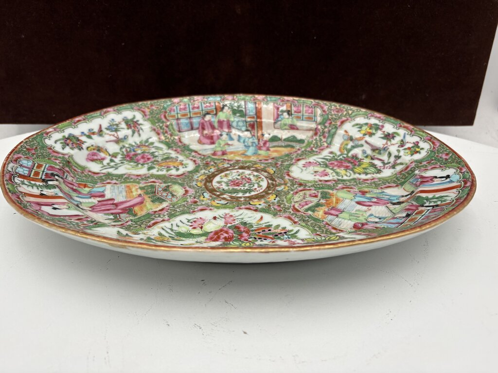Mid 19th C. Chinese Export Rose Medallion Hand Painted Figural Porcelain Oval Platter