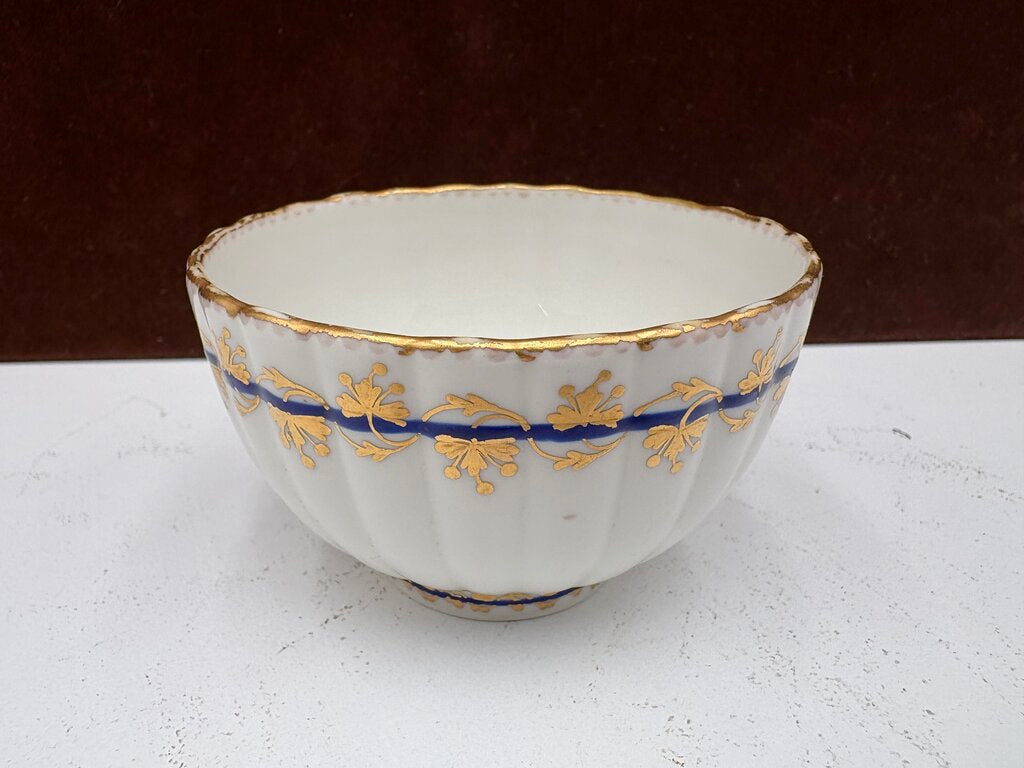 Late 18th C. Royal Crown Derby Fluted Blue Gilt Porcelain Tea Bowl