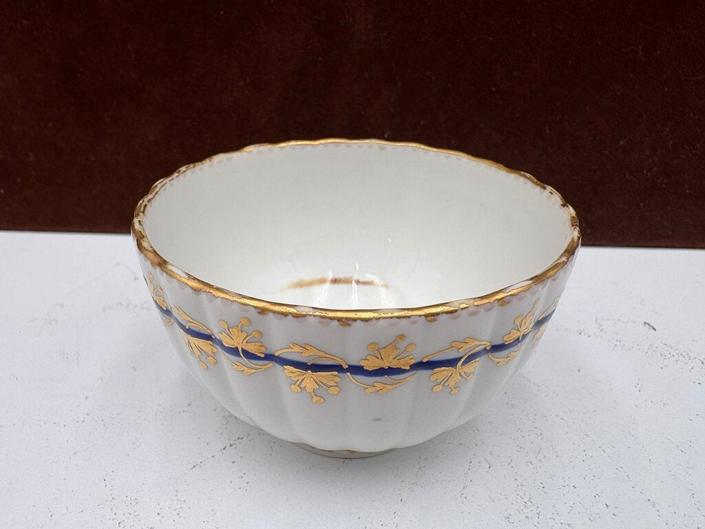 Late 18th C. Royal Crown Derby Fluted Blue Gilt Porcelain Tea Bowl