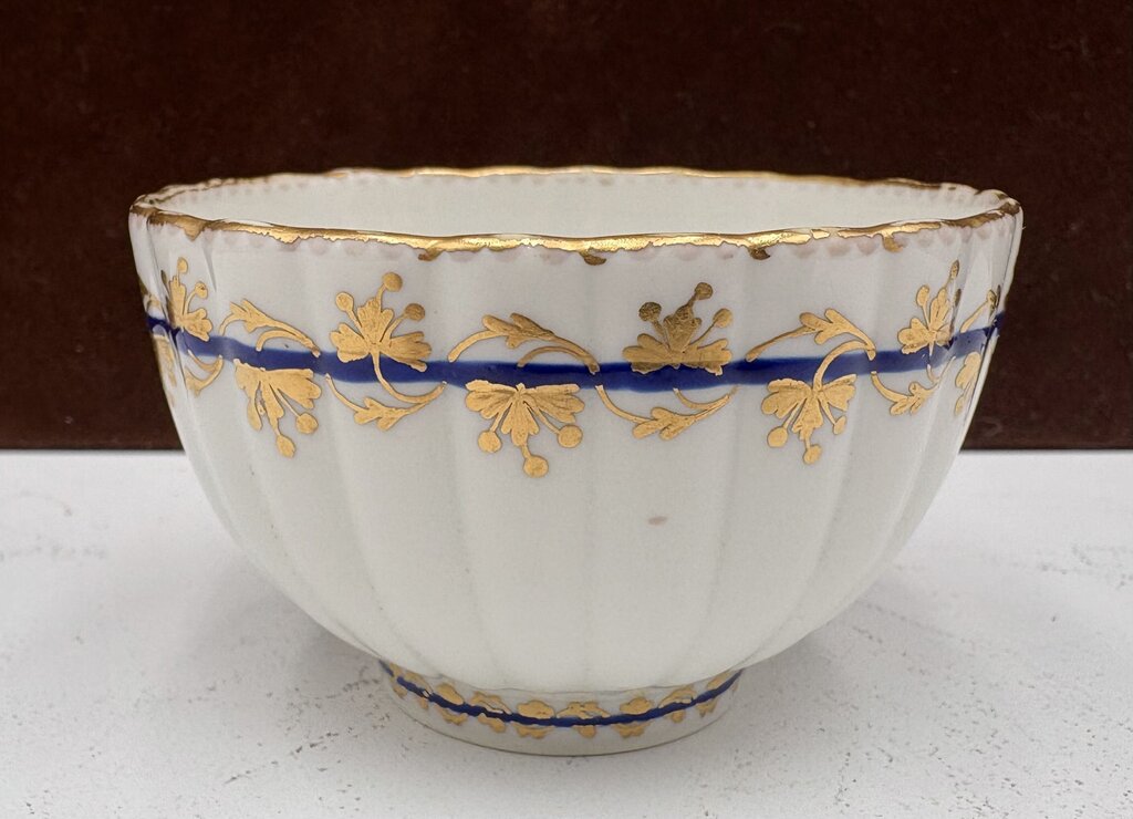 Late 18th C. Royal Crown Derby Fluted Blue Gilt Porcelain Tea Bowl