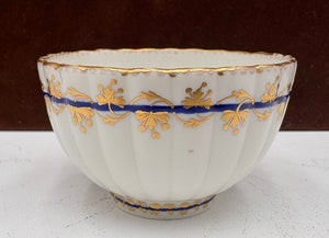 Late 18th C. Royal Crown Derby Fluted Blue Gilt Porcelain Tea Bowl