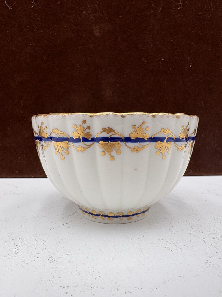 Late 18th C. Royal Crown Derby Fluted Blue Gilt Porcelain Tea Bowl