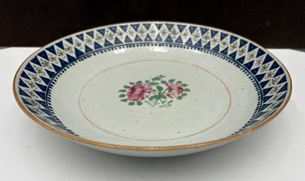 Mid 19th C. Chinese Export Famille Rose Blue Trim Bowl