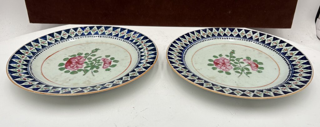 Mid 19th C. Chinese Export Famille Rose Blue Trim Plate