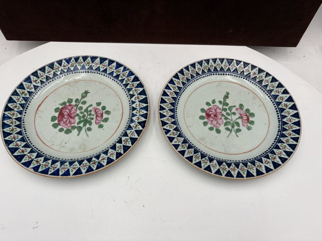 Mid 19th C. Chinese Export Famille Rose Blue Trim Plate