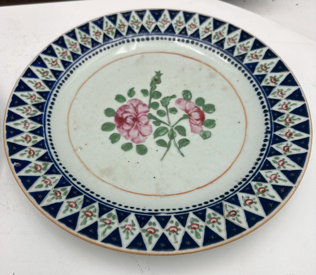 Mid 19th C. Chinese Export Famille Rose Blue Trim Plate