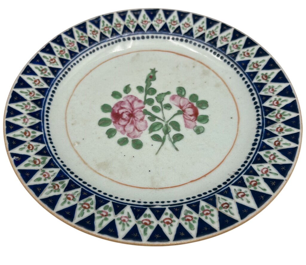 Mid 19th C. Chinese Export Famille Rose Blue Trim Plate by Miss Daisy's Consignment & Auction House