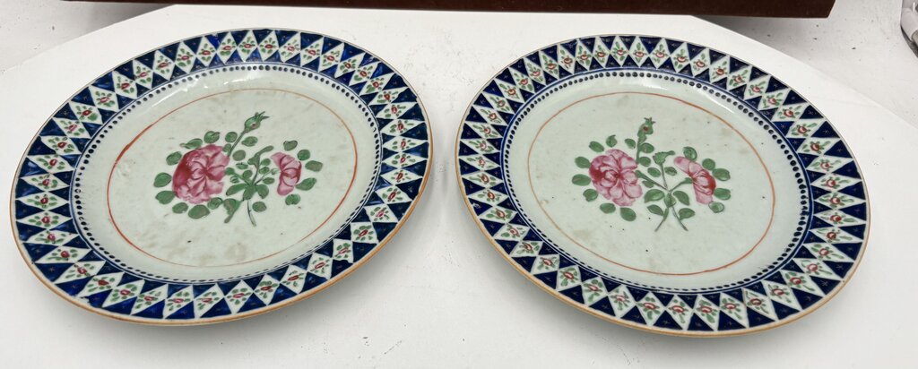 Mid 19th C. Chinese Export Famille Rose Blue Trim Plate