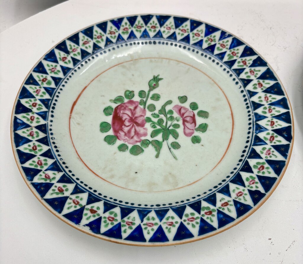Mid 19th C. Chinese Export Famille Rose Blue Trim Plate