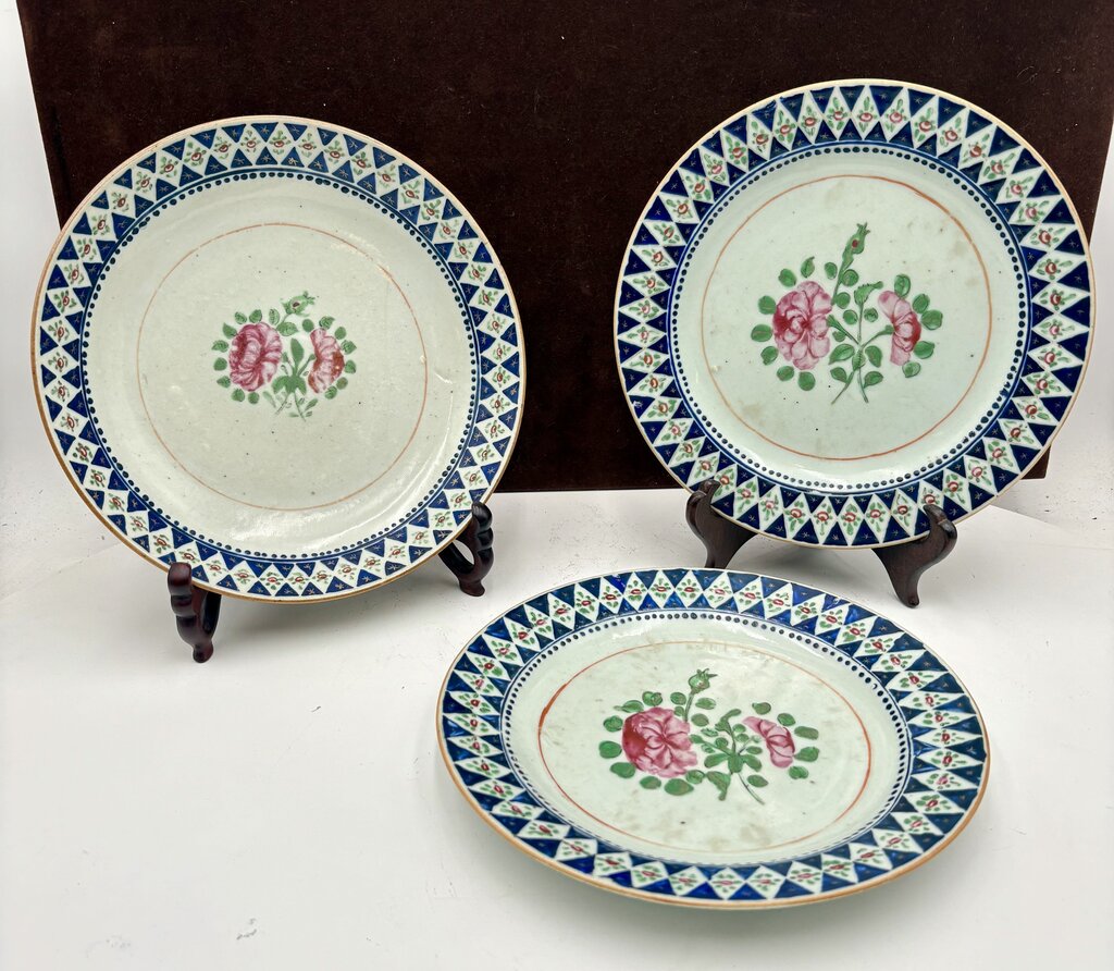 Mid 19th C. Chinese Export Famille Rose Blue Trim Plate