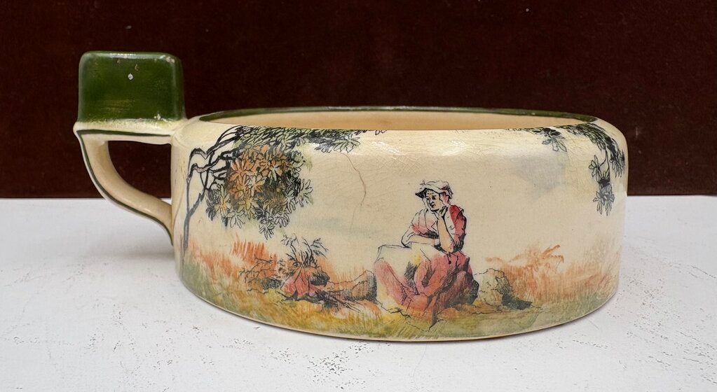 Early 20th C. Royal Doulton Old English Scenes The Gleaners Thumb Stop Handled Bowl