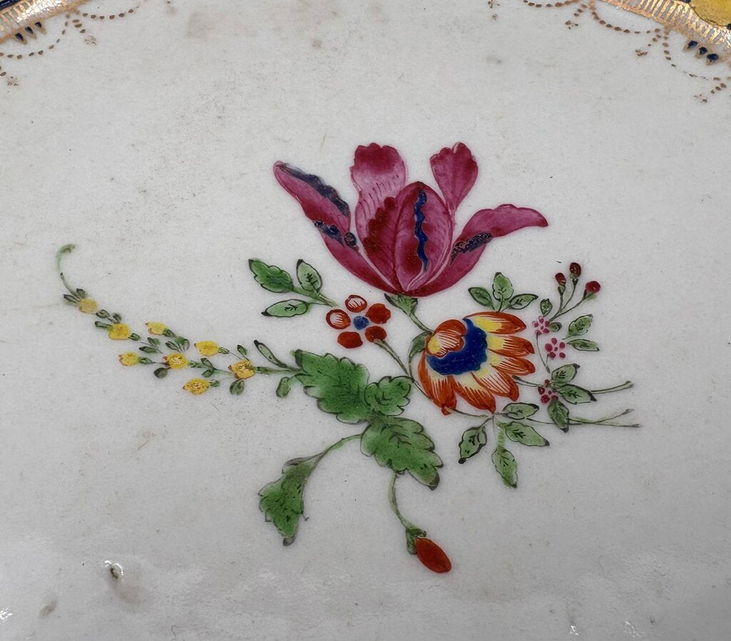 Mid 18th C. Chinese Export Famille Rose Blue Scalloped Edge Plate