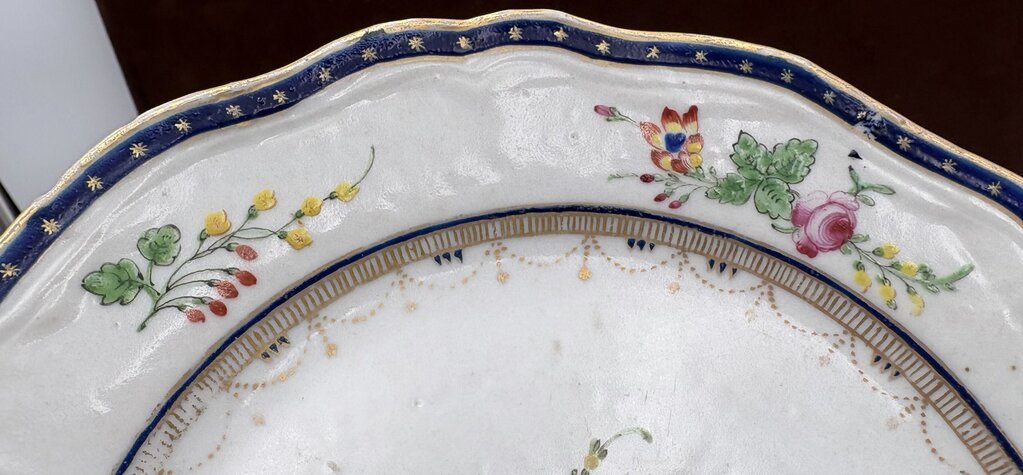 Mid 18th C. Chinese Export Famille Rose Blue Scalloped Edge Plate