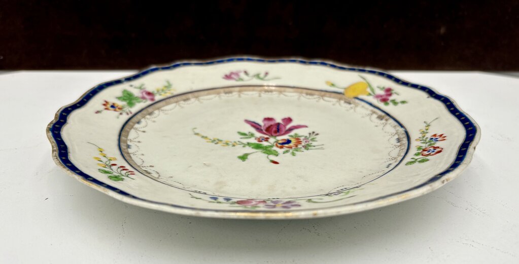 Mid 18th C. Chinese Export Famille Rose Blue Scalloped Edge Plate