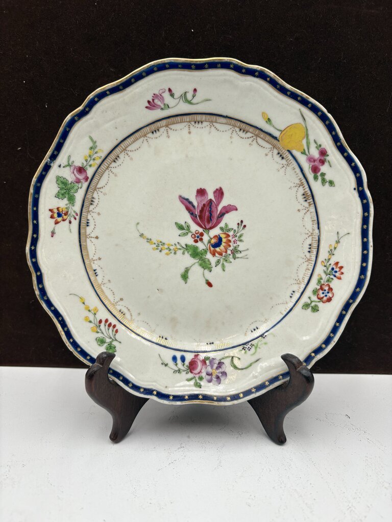 Mid 18th C. Chinese Export Famille Rose Blue Scalloped Edge Plate
