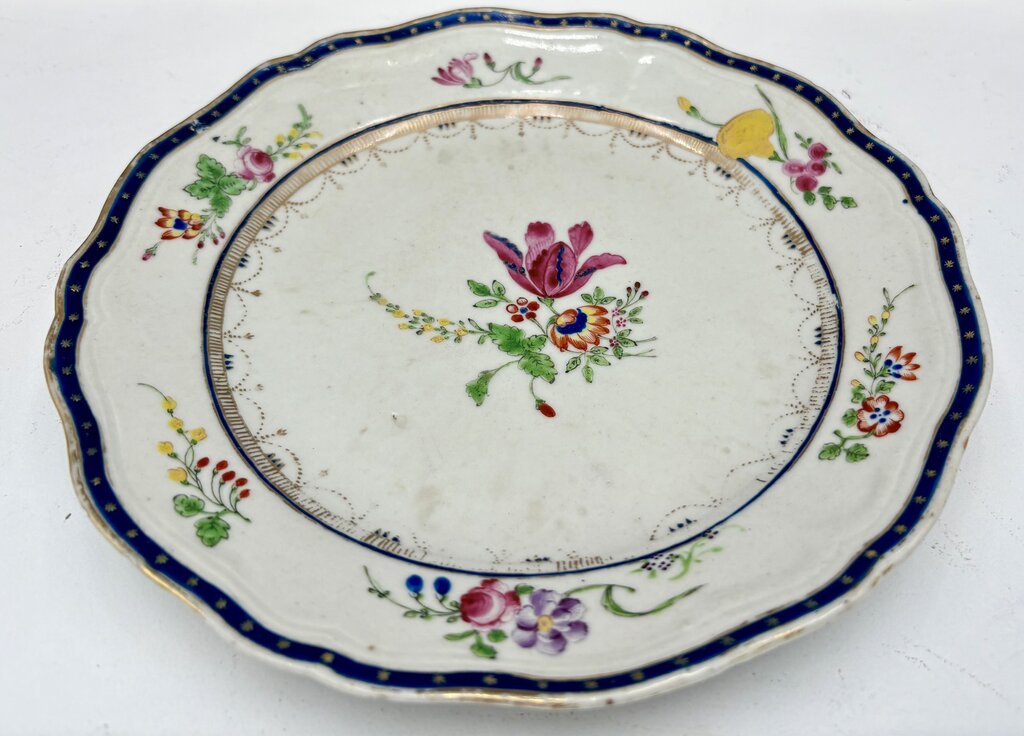 Mid 18th C. Chinese Export Famille Rose Blue Scalloped Edge Plate