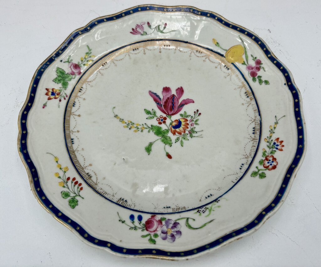 Mid 18th C. Chinese Export Famille Rose Blue Scalloped Edge Plate