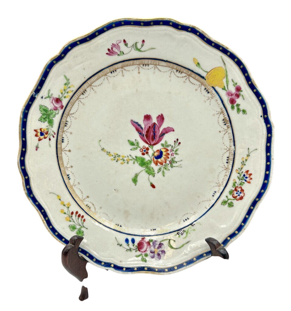 Mid 18th C. Chinese Export Famille Rose Blue Scalloped Edge Plate by Miss Daisy's Consignment & Auction House