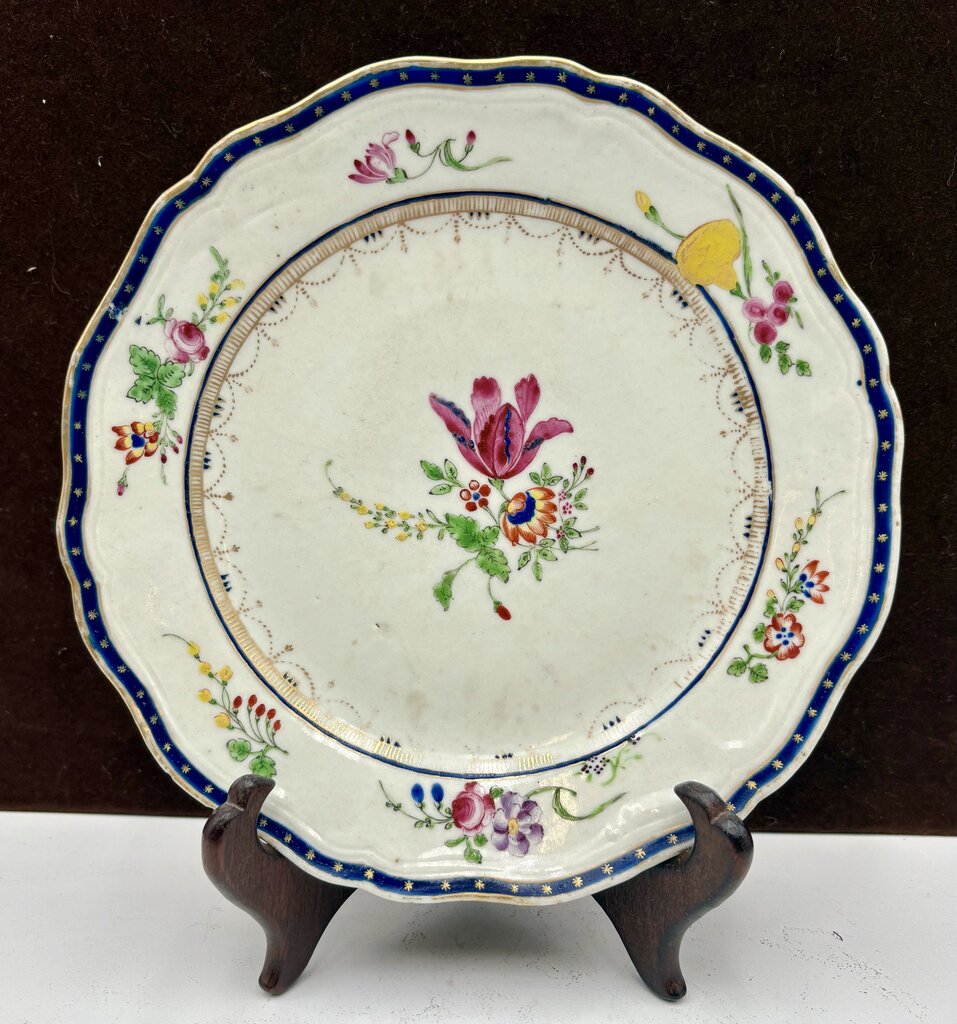 Mid 18th C. Chinese Export Famille Rose Blue Scalloped Edge Plate