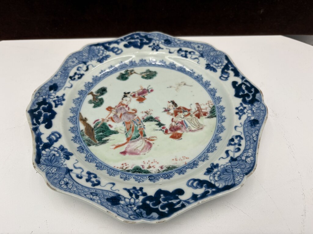 Mid 18th C. Chinese Export Famille Rose Blue Fitzhugh Scalloped Rim Plate