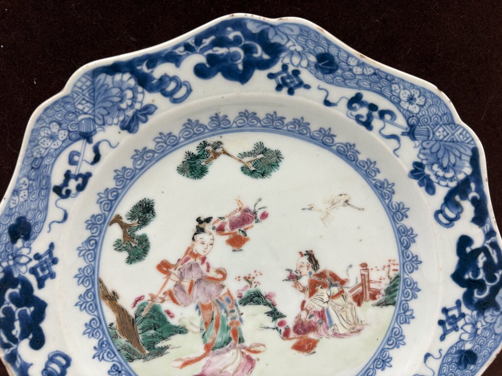 Mid 18th C. Chinese Export Famille Rose Blue Fitzhugh Scalloped Rim Plate