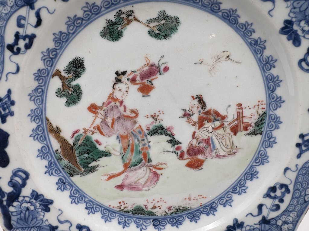 Mid 18th C. Chinese Export Famille Rose Blue Fitzhugh Scalloped Rim Plate