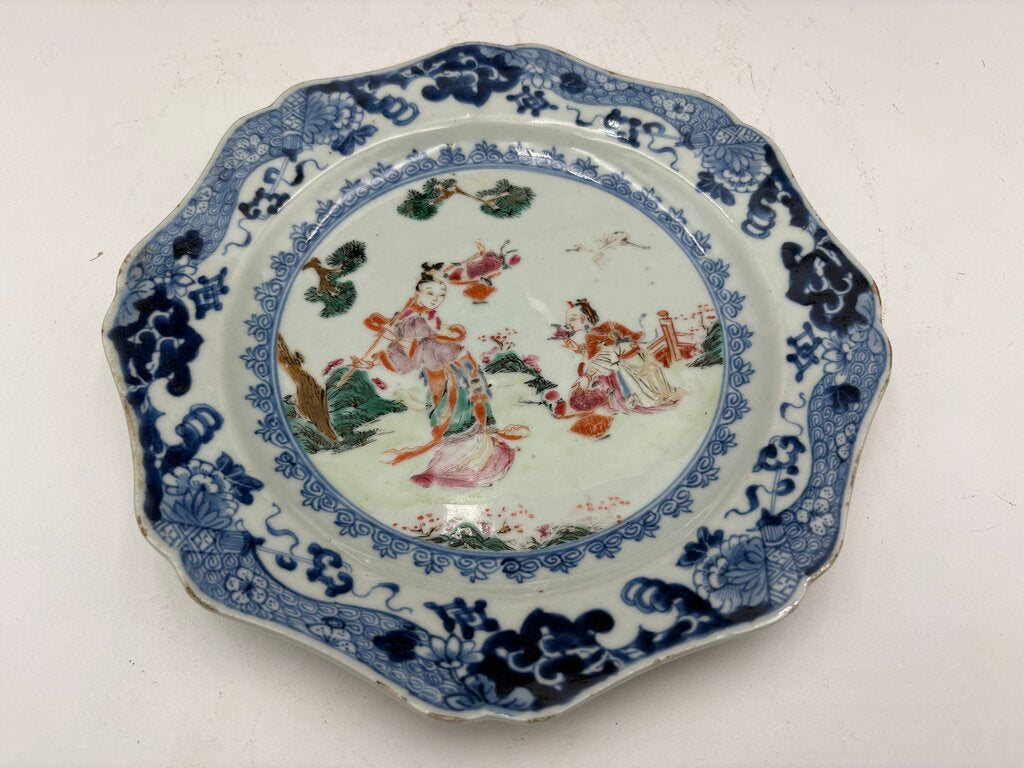 Mid 18th C. Chinese Export Famille Rose Blue Fitzhugh Scalloped Rim Plate