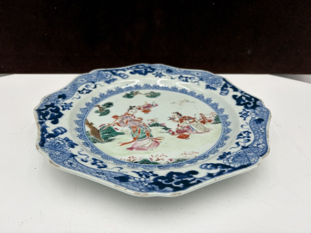 Mid 18th C. Chinese Export Famille Rose Blue Fitzhugh Scalloped Rim Plate