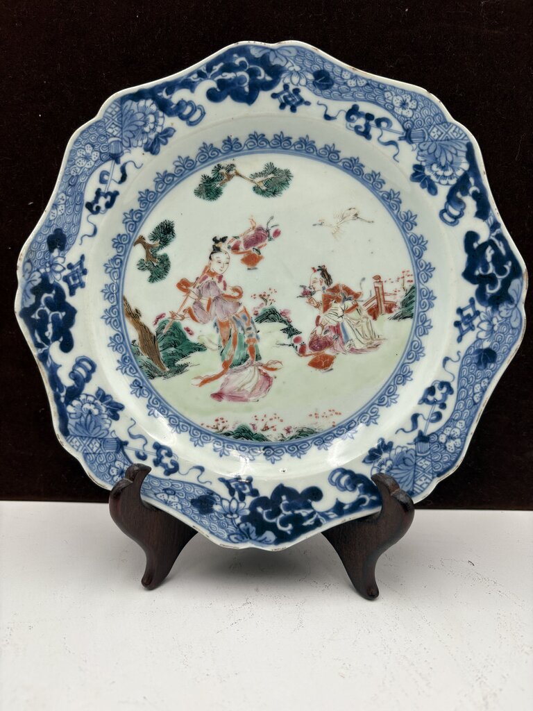 Mid 18th C. Chinese Export Famille Rose Blue Fitzhugh Scalloped Rim Plate
