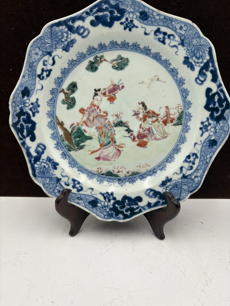 Mid 18th C. Chinese Export Famille Rose Blue Fitzhugh Scalloped Rim Plate