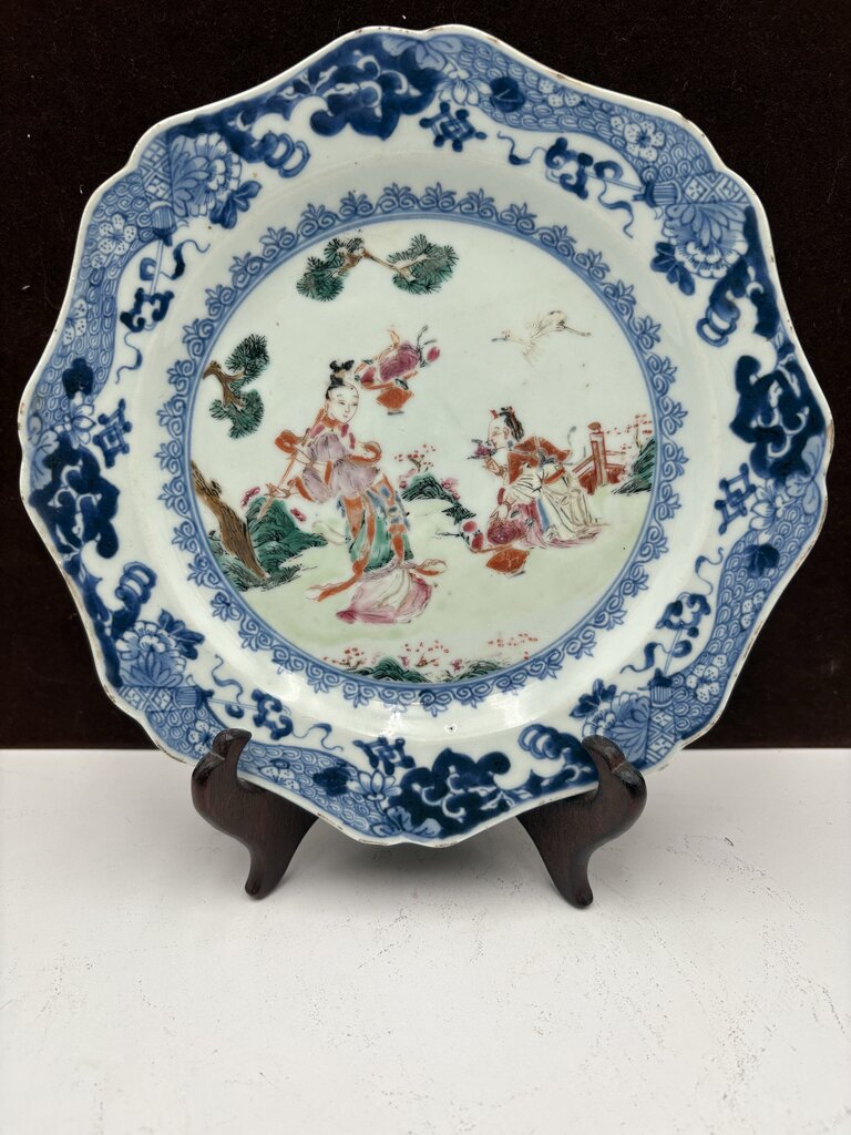Mid 18th C. Chinese Export Famille Rose Blue Fitzhugh Scalloped Rim Plate