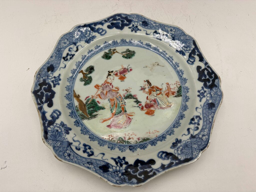 Mid 18th C. Chinese Export Famille Rose Blue Fitzhugh Scalloped Rim Plate