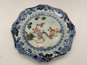 Mid 18th C. Chinese Export Famille Rose Blue Fitzhugh Scalloped Rim Plate